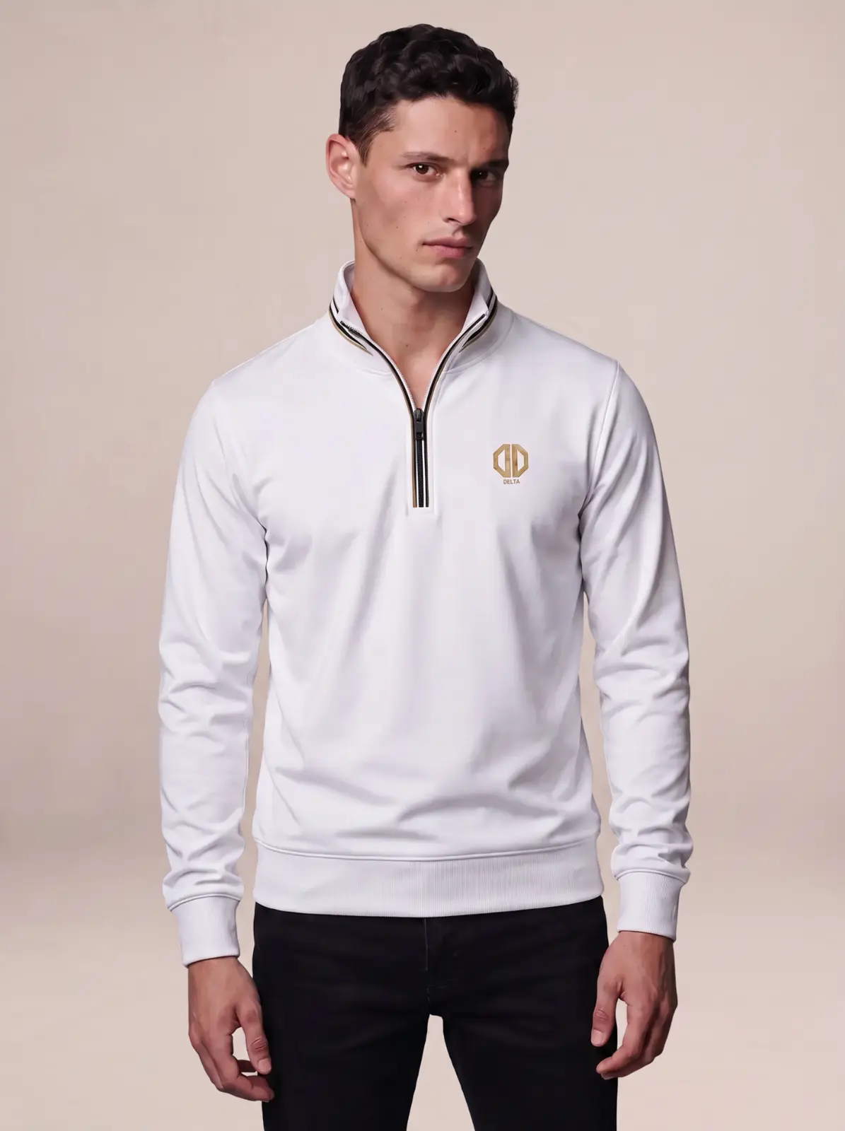 Front view of a premium white custom quarter zip